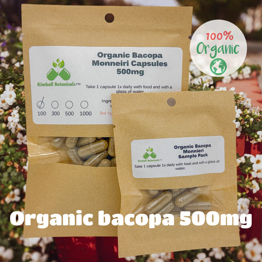 Organic Bacopa Monneiri (water hyssop, brahmi) 500mg vegetarian capsules, no fillers or binders of any kind