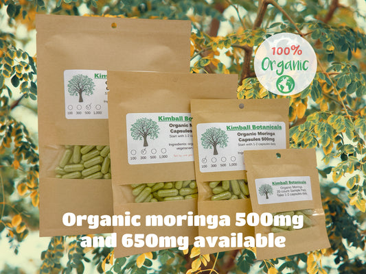 USDA Organic Moringa (Moringa oleifera) 500mg or 650mg vegetarian pullulan capsules, zero fillers or binders