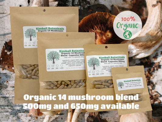 Organic 14 Mushroom Blend, 500mg or 650mg vegetarian capsules made fresh to order