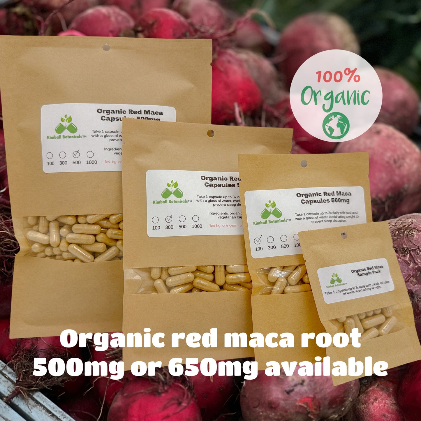 USDA Organic Red Maca (Lepidium meyenii) 500mg or 650mg vegetarian capsules made fresh to order.