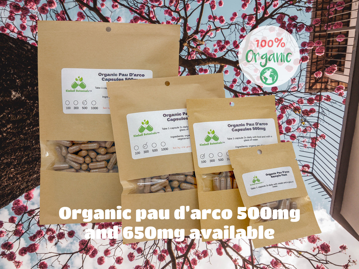 Organic Pau d’ Arco (Tabebuia avellanedae) 500mg or 650mg vegetarian capsules made fresh to order