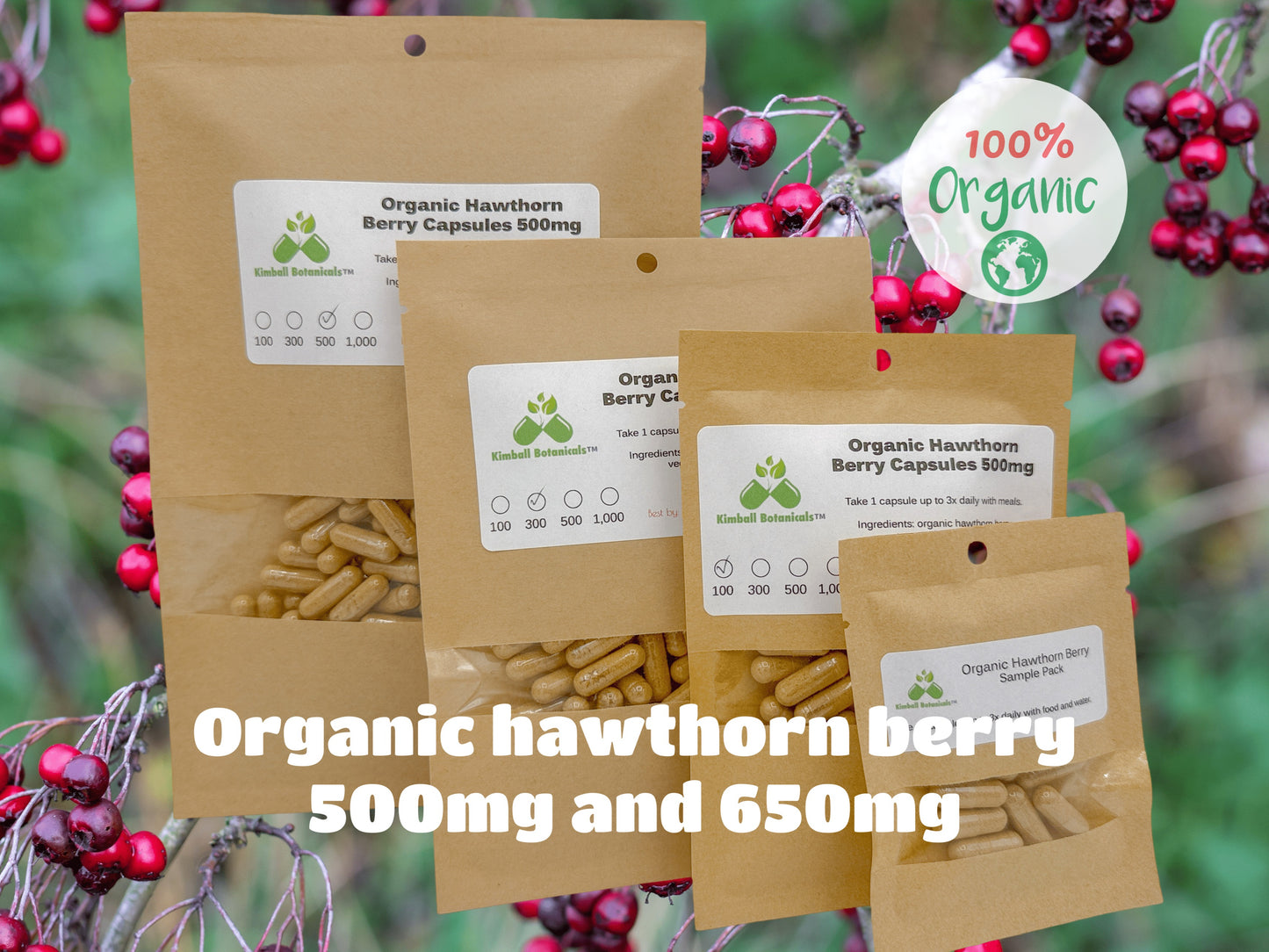 Organic Hawthorn Berry (Crataegus) 500mg and 650mg vegetarian capsules made fresh to order with zero fillers.