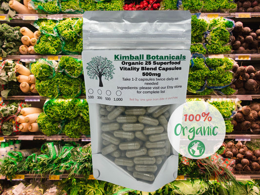 USDA Organic 25 Superfood vitality blend 500mg or 650mg vegetarian capsules made fresh to order