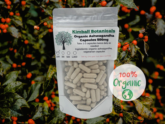 Organic Ashwagandha 500mg vegetarian capsules made without any fillers or binders of any kind
