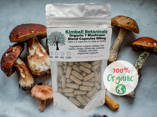 USDA Organic 7 Mushroom Blend, 500mg vegetarian capsules made fresh to order without any fillers.