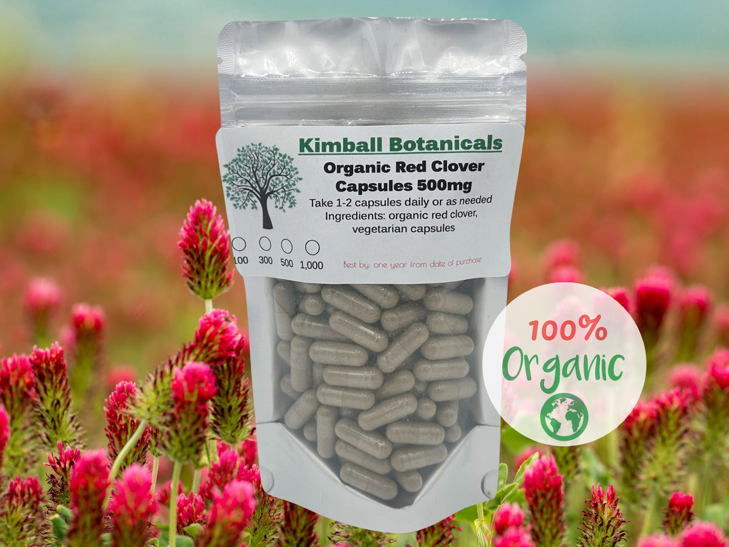 Organic red clover blossom 500mg vegetarian capsules made fresh to order.