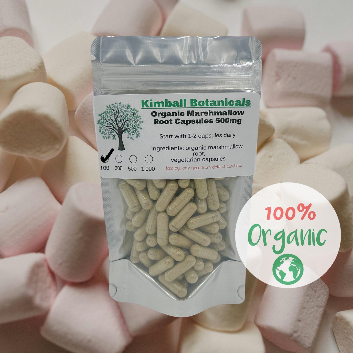 Organic Marshmallow Root (althaea officinalis) 500mg or 650mg vegetarian capsules, made fresh to order