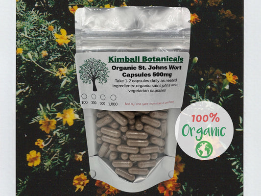 Organic St. John’s Wort (Hypericum perforatum) 500mg vegetarian capsules made fresh to order