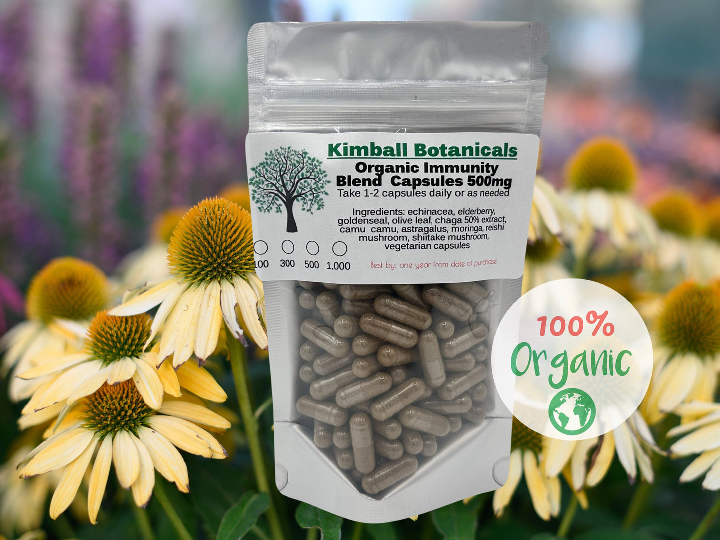 Organic Immunity Blend, 500mg, elderberry, echinacea, goldenseal, vegetarian capsules made fresh to order