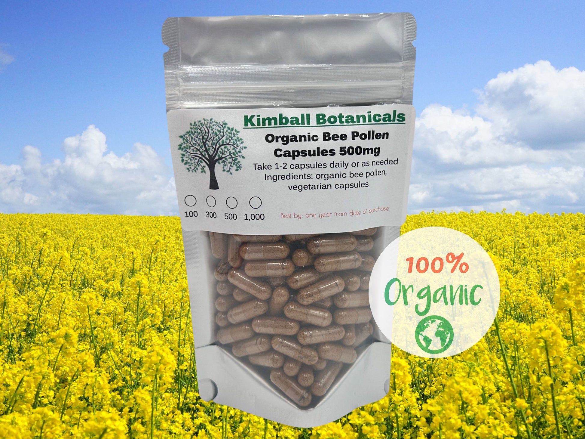 Organic Bee Pollen 500mg vegetarian capsules, made fresh to order