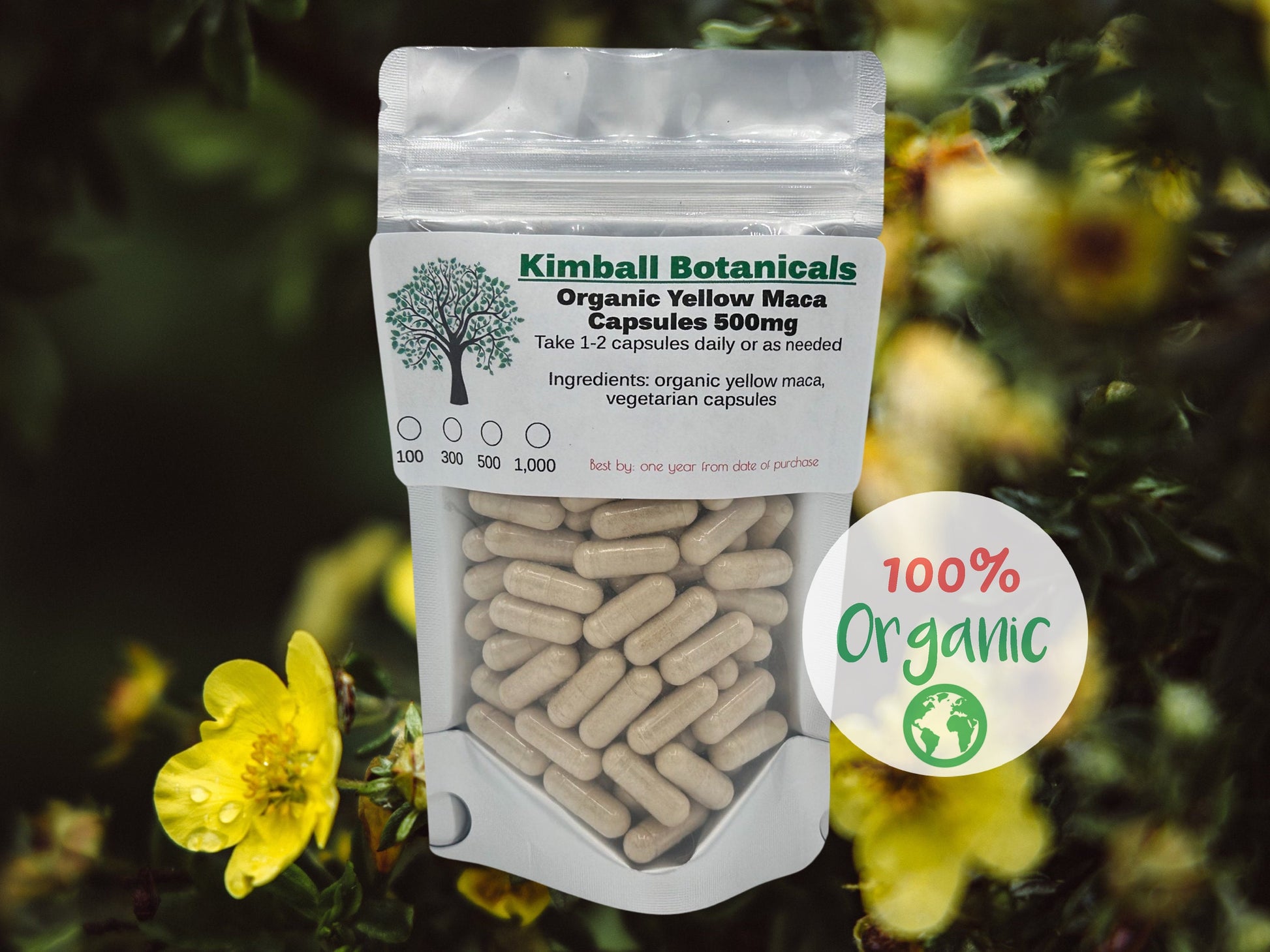 Organic yellow maca root. Peruvian ginseng, 500mg vegetarian capsules. Lepidium peruvianum