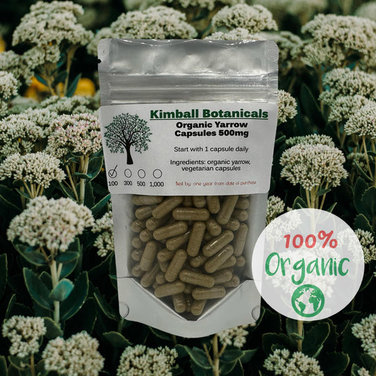 Organic yarrow capsules, with no fillers. Handcrafted. Made with Yarrow flower and leaf. Vegetarian 500mg capsules