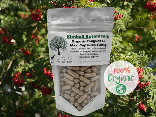 Organic Tongkat Ali Max, Tri Blend, yellow black red, 500mg and 650mg vegetarian or pullulan capsules, zero fillers, made fresh to order. - Kimball Botanicals LLC