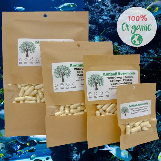 Wild Caught Marine Fish Collagen Peptides 500mg and 650mg pullulan or veggie capsules, made fresh to order - Kimball Botanicals LLC