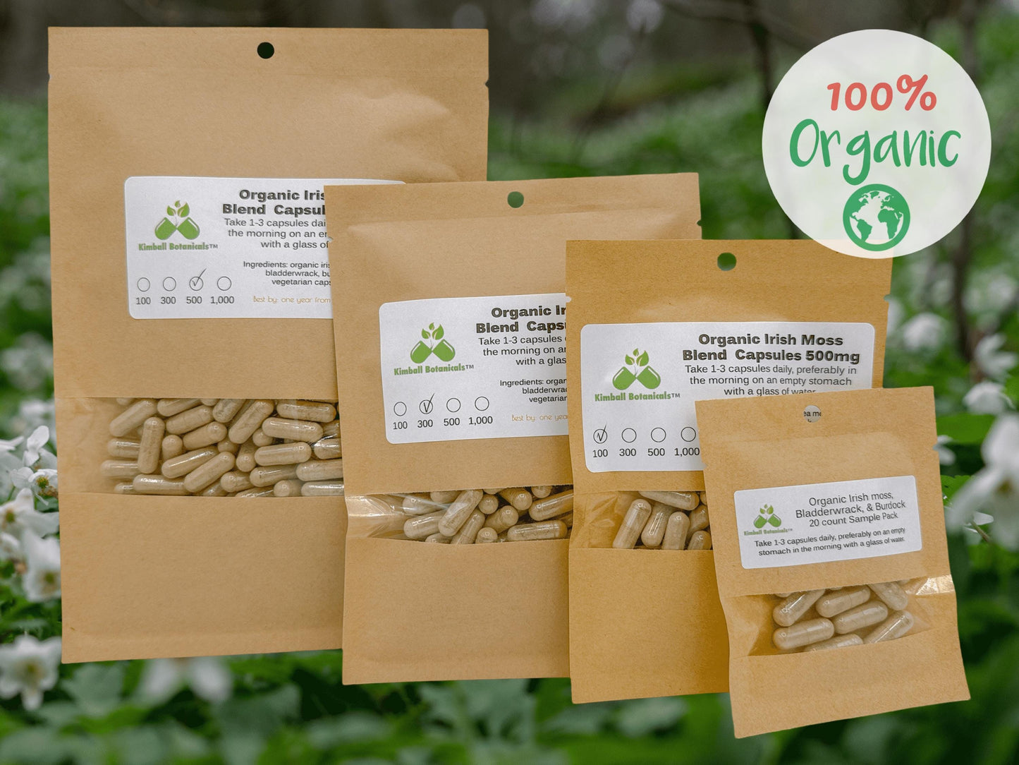 organic Irish Moss, bladderwrack, and burdock capsules, sample to bulk sizes available