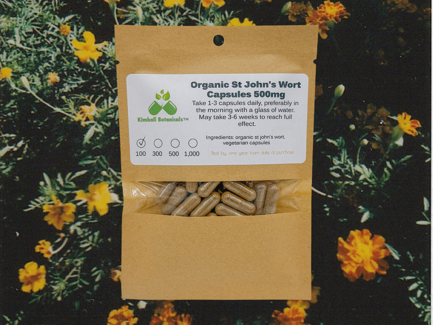 Organic St. John’s Wort (Hypericum perforatum) 500mg vegetarian capsules made fresh to order