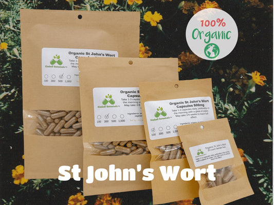 organic st johns wort capsules 500mg, 20 count to 1000 count available, eco packaging