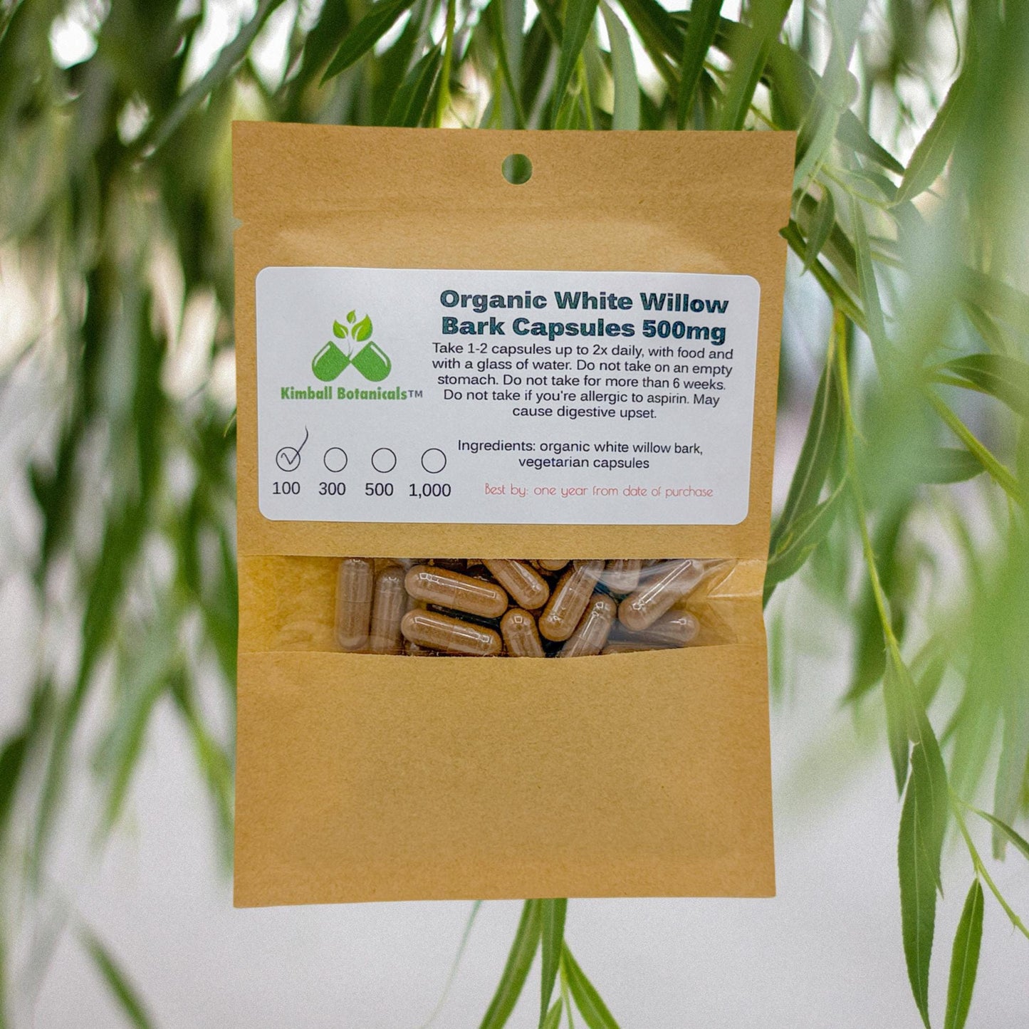 Organic White Willow Bark (Salix Alba) 500mg or 650mg vegetarian capsules, made fresh to order