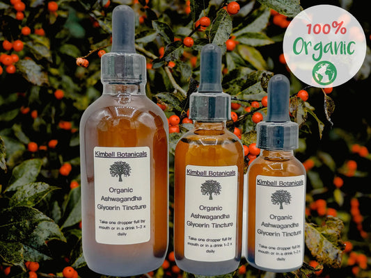 USDA Organic Handcrafted Ashwagandha Root Glycerin Tincture double extracted, sustainably harvested NON GMO - Kimball Botanicals LLC