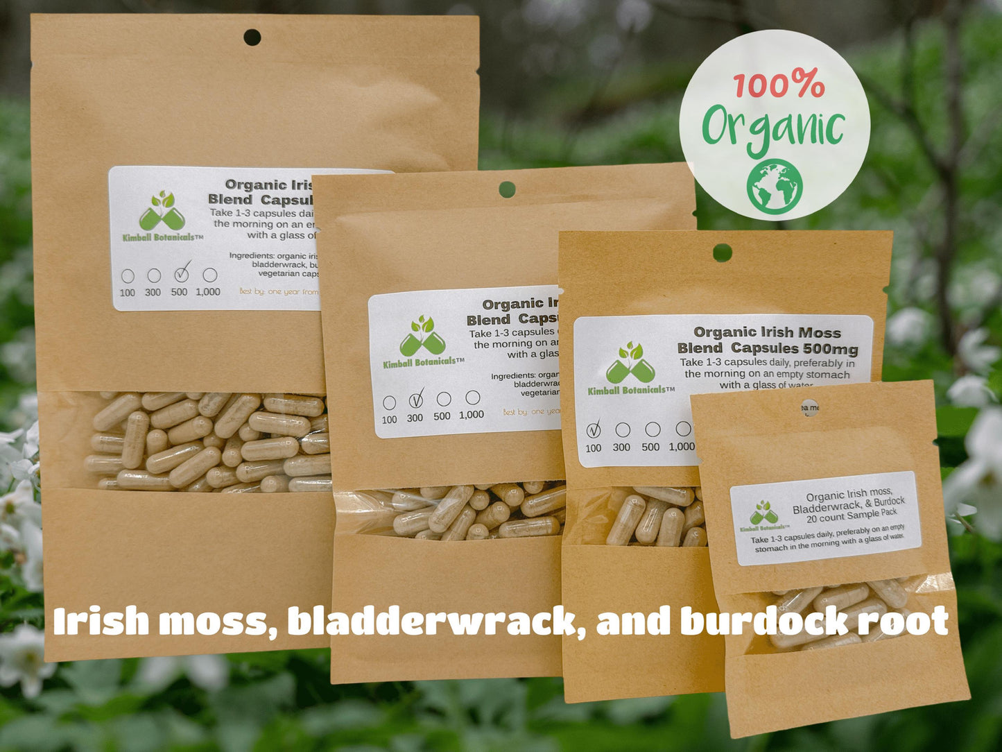 organic irish moss, bladderwrack, and burdock root blend 500mg capsules, 20 count to 1000 count. Eco Friendly packaging.