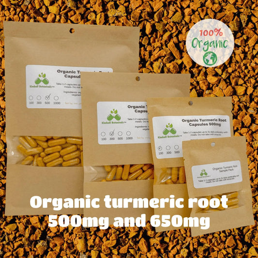 USDA Organic Turmeric Root (Curcuma longa) Curcumin, vegetarian or pullulan capsules 500mg and 650mg, made fresh to order - Kimball Botanicals LLC