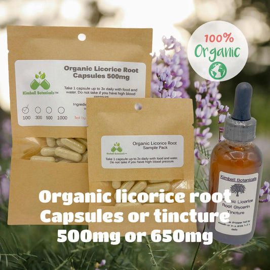 Organic Licorice Root (Glycyrrhiza glabra) 500mg or 650mg vegetarian or pullulan capsules or tincture, made fresh to order - Kimball Botanicals LLC