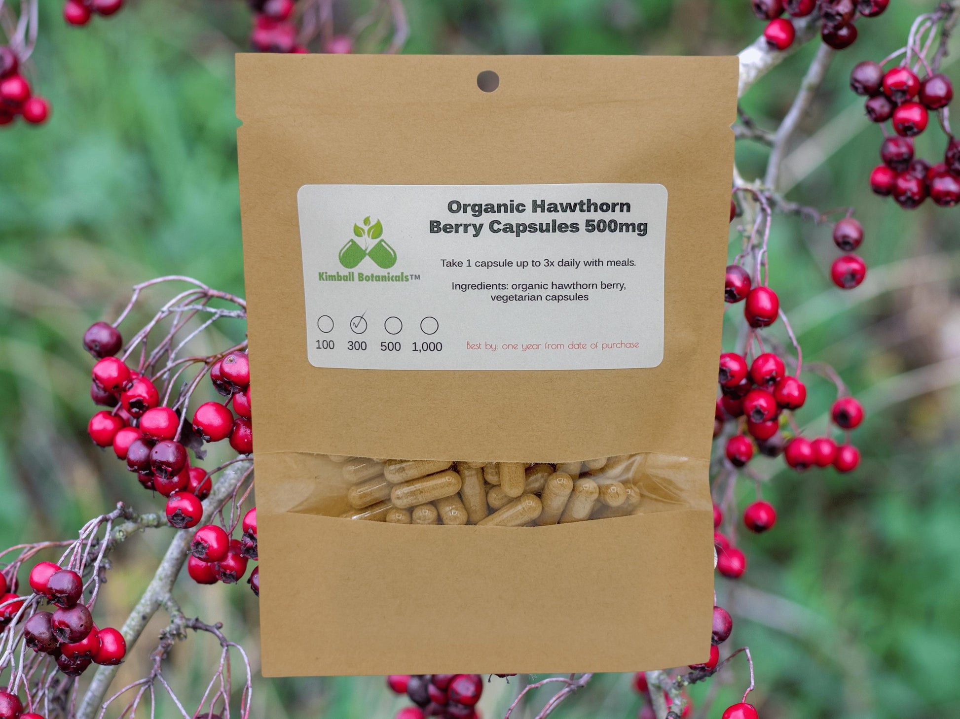 Organic Hawthorn Berry (Crataegus) 500mg and 650mg vegetarian capsules made fresh to order with zero fillers.