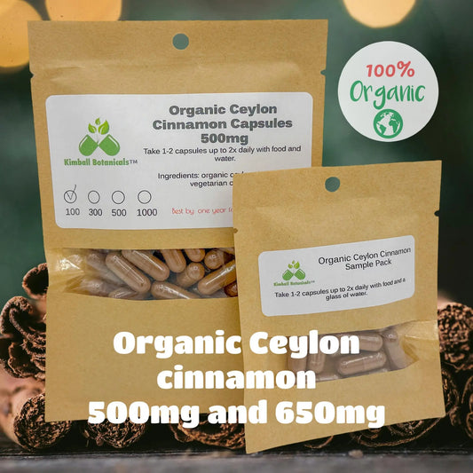 USDA Organic Ceylon Cinnamon (Cinnamomum verum) 500mg and 650mg vegetarian or pullulan capsules, made to order - Kimball Botanicals LLC