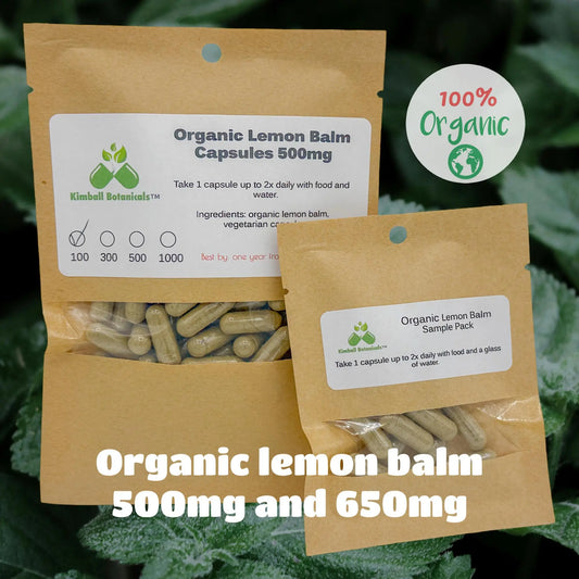 Organic Lemon Balm (Melissa officinalis) 500mg or 650mg vegetarian and pullulan capsules or tincture, made fresh to order - Kimball Botanicals LLC