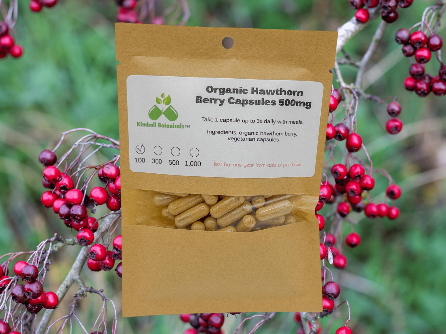 Organic Hawthorn Berry (Crataegus) 500mg and 650mg vegetarian capsules made fresh to order with zero fillers.