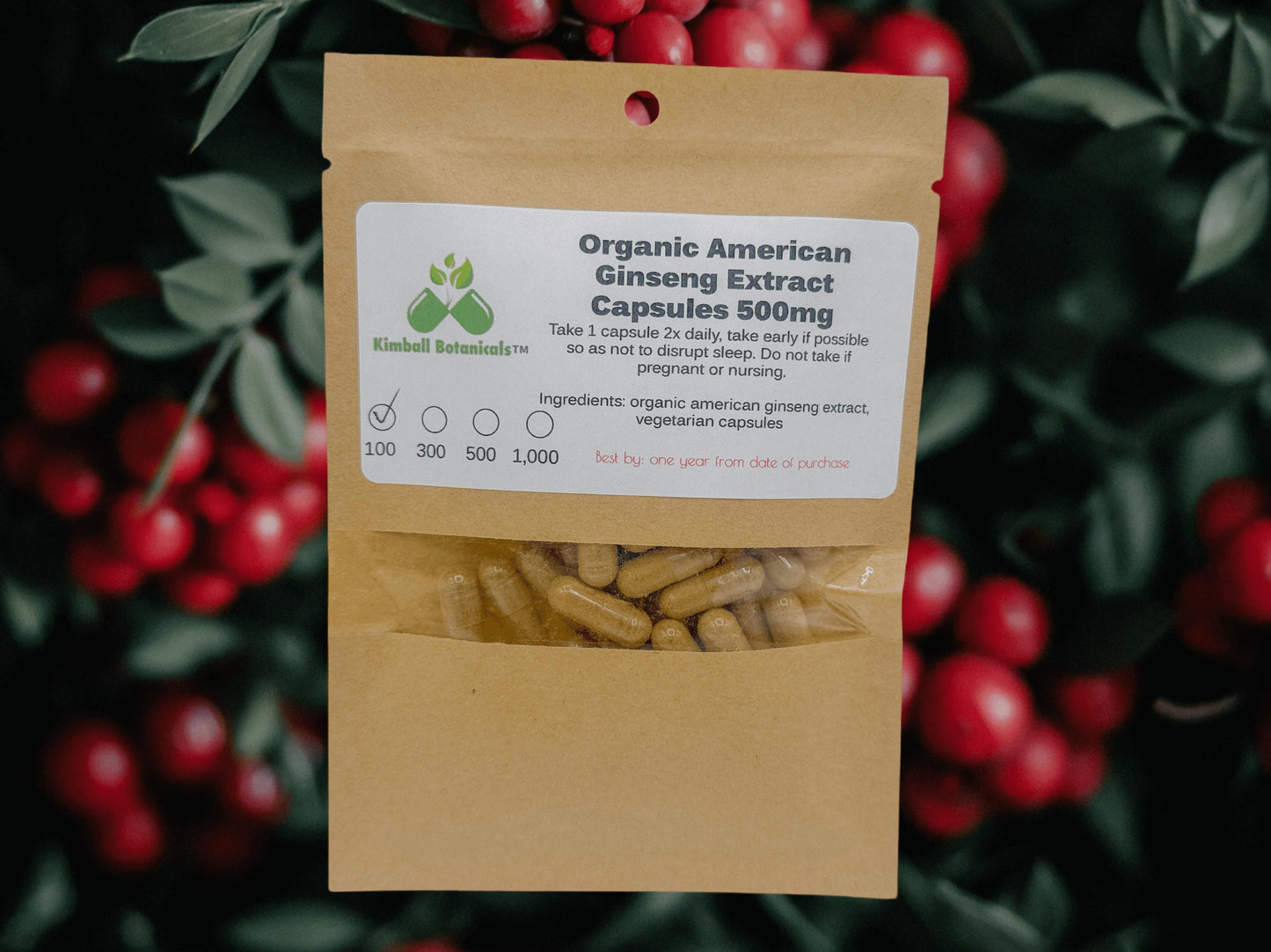 Organic American Ginseng Extract (Panax quinquefolius) 500mg vegetarian capsules made fresh to order