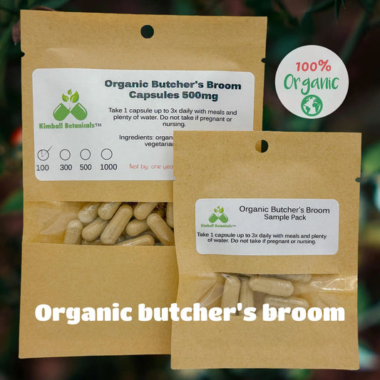 Organic Butcher's Broom (Ruscus aculeatus) 500mg and 650mg vegetarian capsules, made fresh to order - Kimball Botanicals LLC