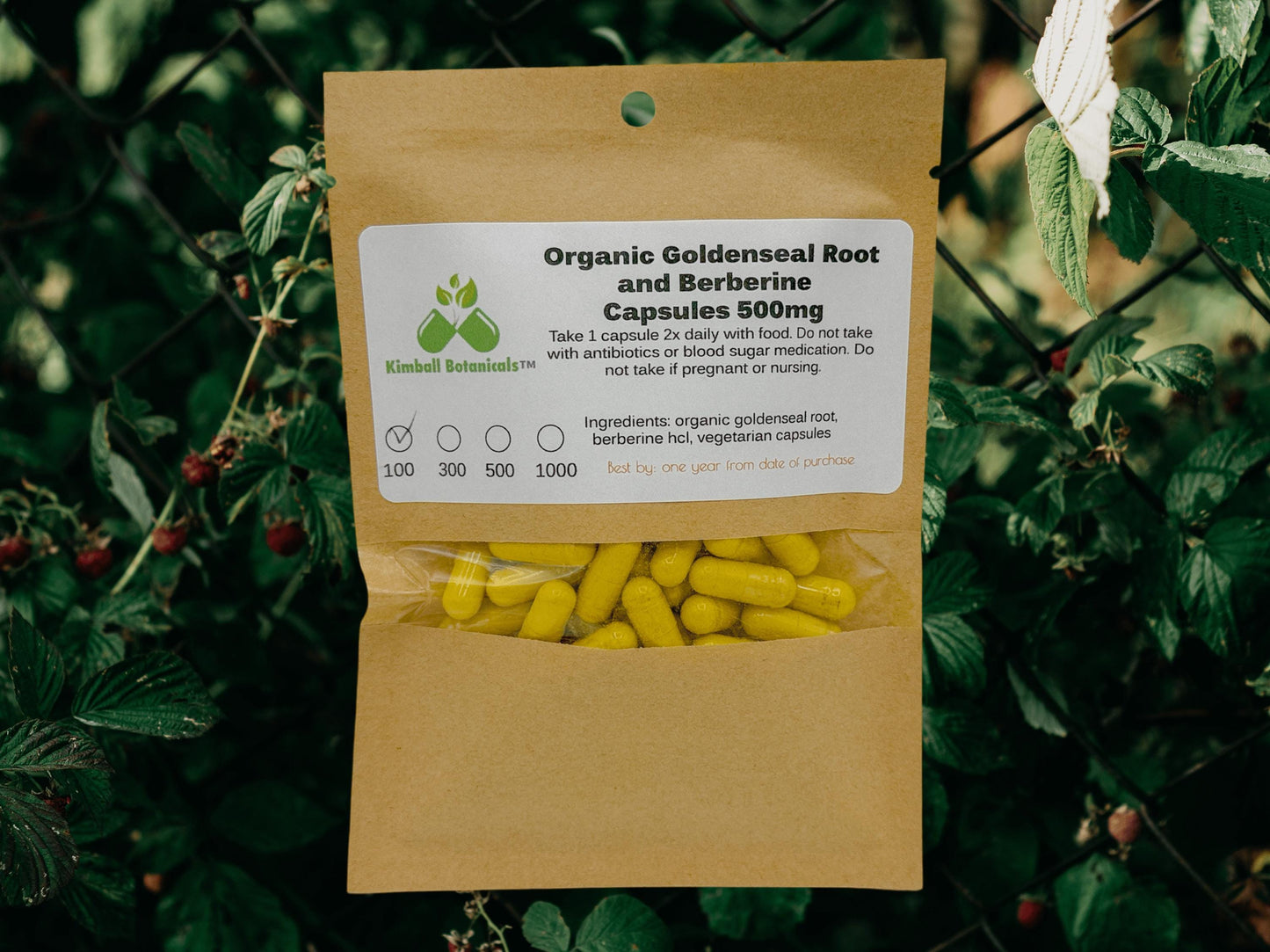 Organic Goldenseal Root and Berberine (Hydrastis canadensis) 500mg and 650mg vegetarian or pullulan capsules, made fresh to order
