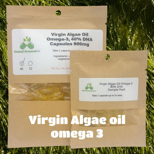Virgin Algae (Algal) Plant Based Omega-3 Oil Capsules 900mg vegetarian capsules made fresh to order with zero fillers - Kimball Botanicals LLC
