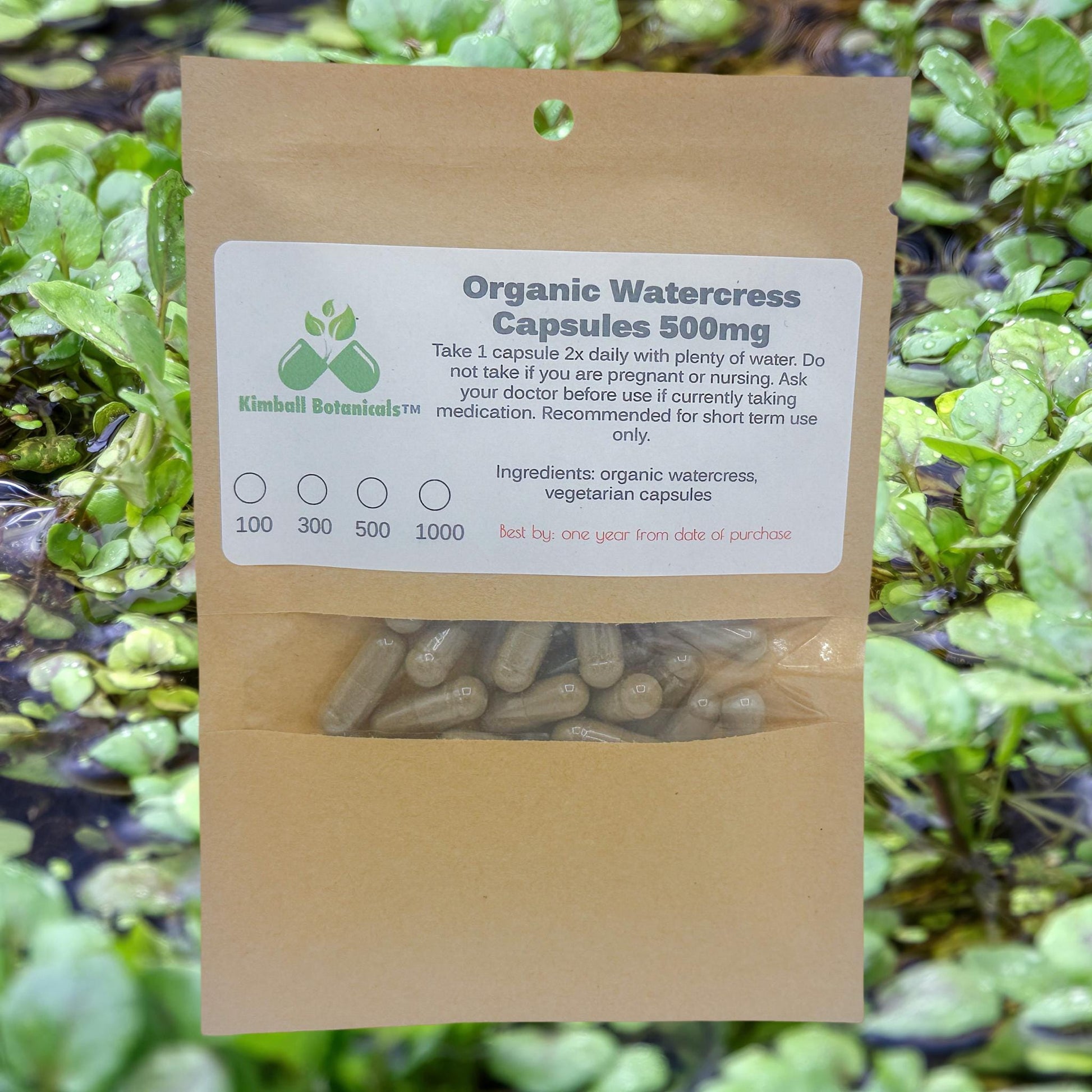 Organic Watercress (Nasturtium officinale) 500mg vegetarian capsules, made fresh to order