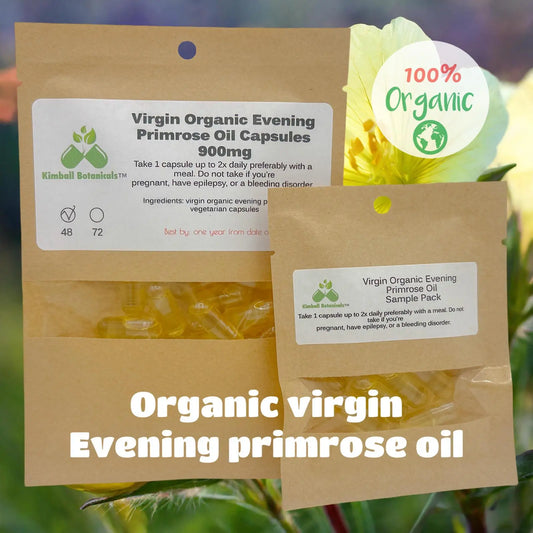 USDA Certified Organic Virgin Evening Primrose Oil, 10% GLA, Omega-6 Capsules 900mg vegetarian capsules made fresh to order - Kimball Botanicals LLC