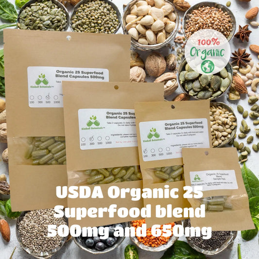 USDA Organic 25 Superfood Blend 500mg or 650mg vegetarian or pullulan capsules made fresh to order - Kimball Botanicals LLC