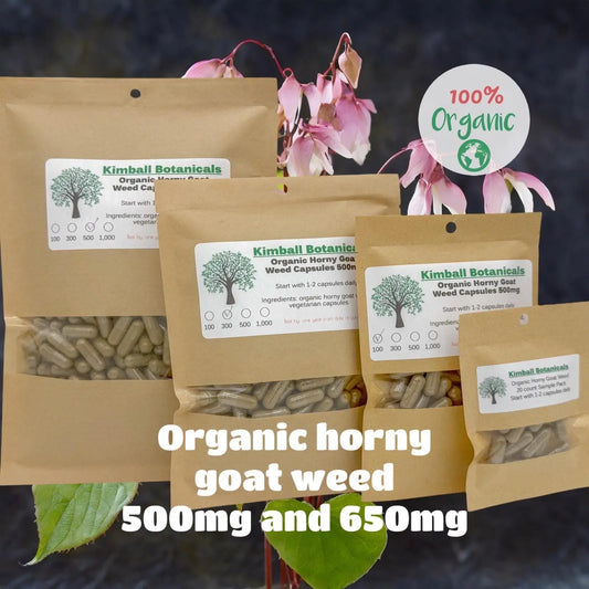 Organic Horny Goat Weed, Barrenwort, (Epimedium) 500mg and 650mg vegetarian or pullulan capsules made fresh to order - Kimball Botanicals LLC