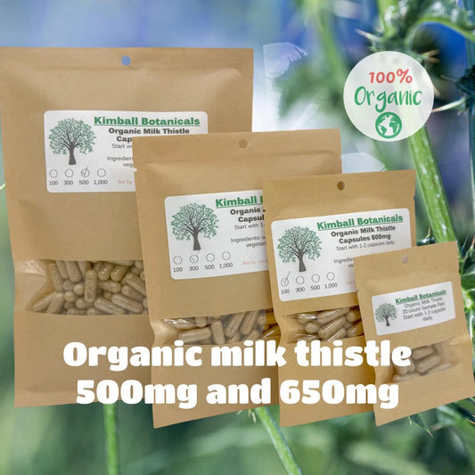 Certified Organic Milk Thistle (Silybum marianum) 500mg and 650mg vegetarian or pullulan capsules or tincture made fresh to order - Kimball Botanicals LLC