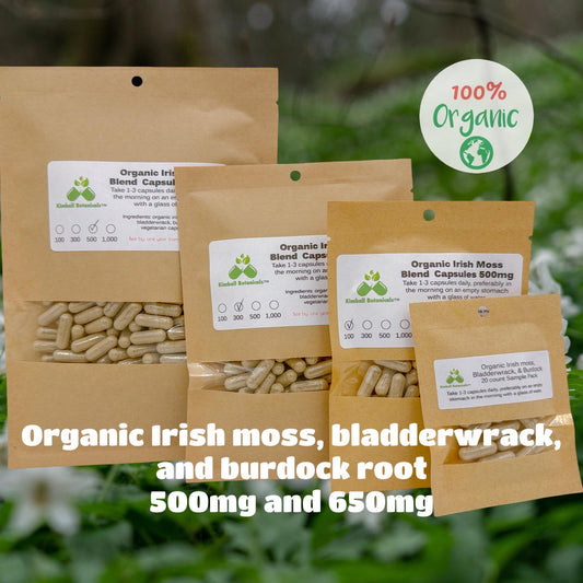 organic Irish moss,  bladderwrack, and burdock root capsules 500mg and 650mg