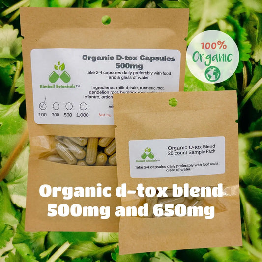 Organic Herbal D-tox Blend 500mg or 650mg vegetarian or pullulan capsules made fresh to order - Kimball Botanicals LLC