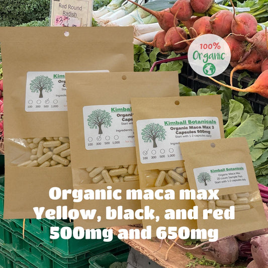 USDA Organic Maca Max Blend red, yellow, and black maca 500mg and 650mg vegetarian capsules made fresh to order.