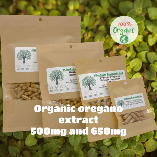 Certified Organic Oregano Extract (origanum vulgare) 500mg and 650mg vegetarian or pullulan capsules made fresh to order - Kimball Botanicals LLC