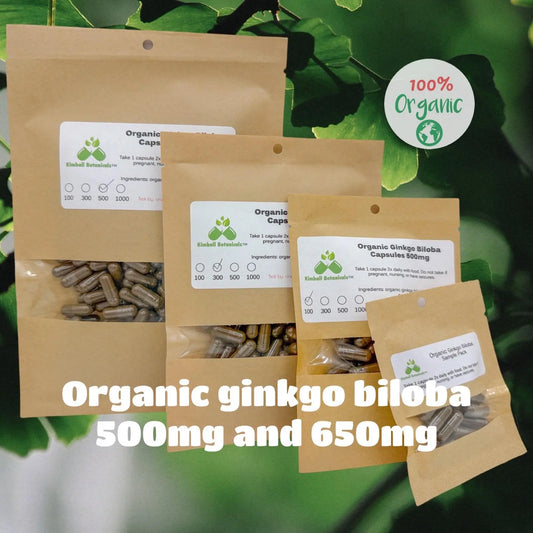 USDA Certifed Organic Ginkgo Biloba Leaf 500mg and 650mg vegetarian or pullulan capsules made without any fillers or binders - Kimball Botanicals LLC