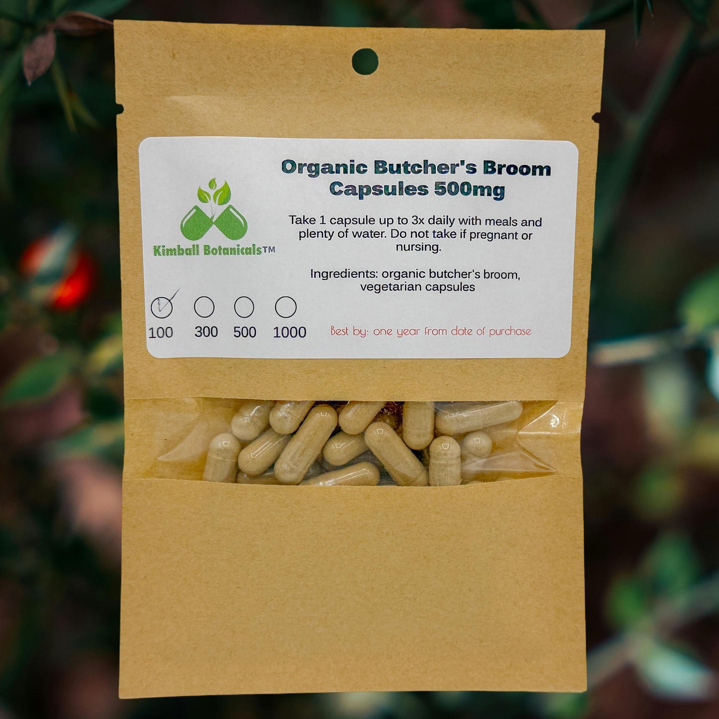 Organic Butcher's Broom (Ruscus aculeatus) 500mg vegetarian capsules, made fresh to order