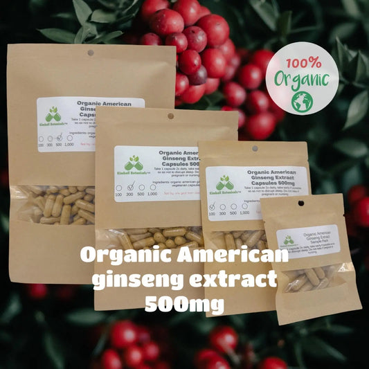 Organic American Ginseng Extract (Panax quinquefolius) 500mg and 650mg vegetarian capsules made fresh to order - Kimball Botanicals LLC