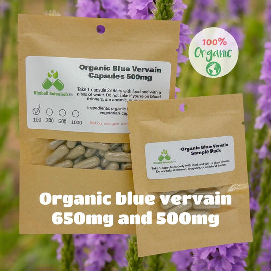 USDA Organic Blue Vervain (Verbena hastata) 500mg and 650mg vegetarian or pullulan capsules, or tincture,  no fillers or binders - Kimball Botanicals LLC