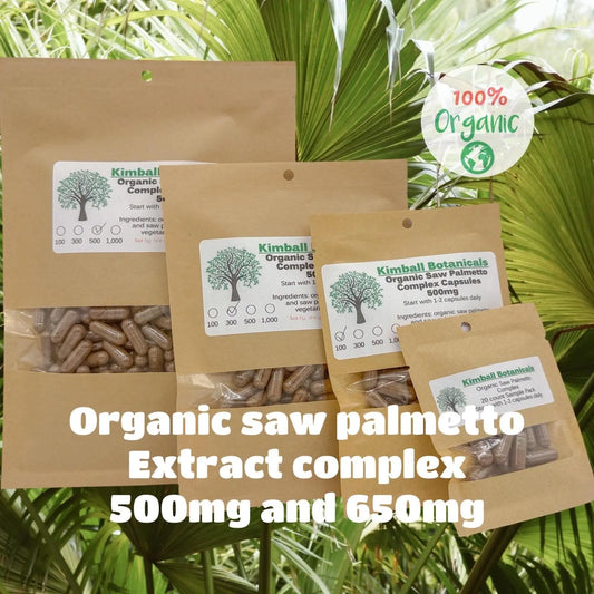 Organic Saw Palmetto (Serenoa repens) Berry Extract Blend 500mg and 650mg vegetarian or pullulan capsules made fresh to order. - Kimball Botanicals LLC