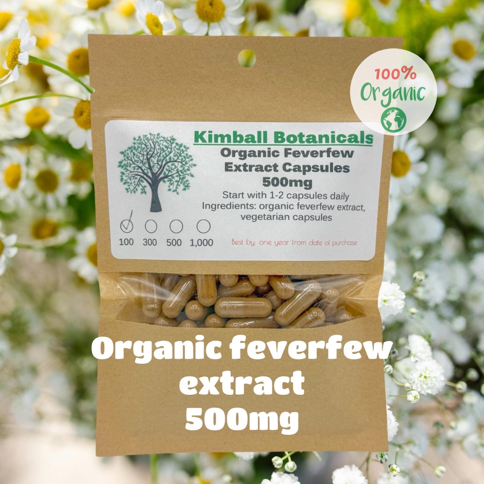 Organic Feverfew Extract (Tanacetum parthenium) 500mg vegetarian capsules, made fresh to order