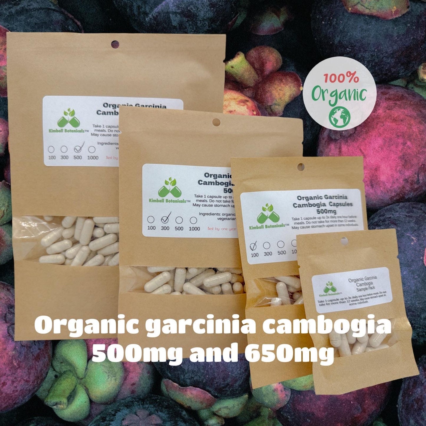 Organic Garcinia Cambogia (Garcinia gummi-gutta) 60% HCA 500mg or 650mg vegetarian capsules, made to order